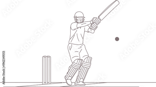 A dynamic line art illustration captures a cricket batsman in mid-swing, powerfully hitting a red ball on the pitch with wickets in the background, embodying the excitement of the sport.
