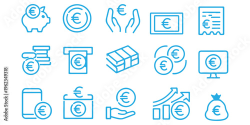 Finance and banking line icon set featuring ATM, credit card, money growth, wallet, investment and financial management symbols