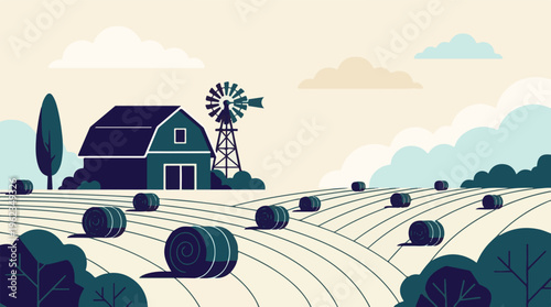 Minimalist farm landscape illustration with barn, windmill, and hay bales