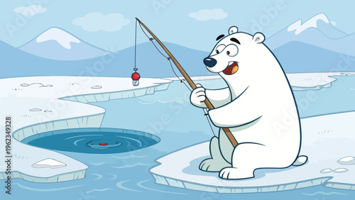 Polar bear ice fishing through hole with humorous expression on face in arctic landscape