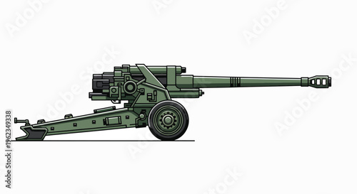 Green military cannon on a wheeled carriage with a long barrel pointed to the right against a plain white background.