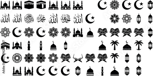 Islamic Symbols Collection - Mosques, Arabic Calligraphy, Quran, Stars, and Lanterns.