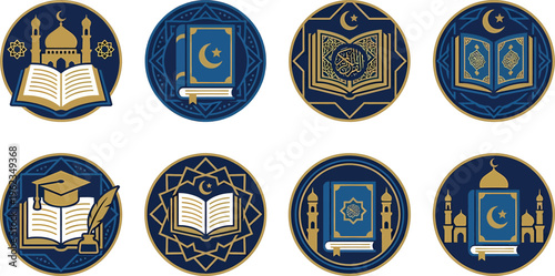 Islamic Symbols Collection Featuring Holy Books and Mosques.
