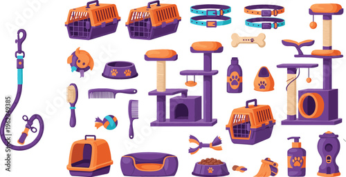 Pet Accessories Vector Set Featuring Cat Scratching Posts, Dog Leashes, Collars, Toys, and Food Bowls for Animal Care