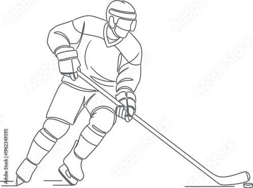Photography Dynamic continuous line art illustration of an ice hockey player in full gear holding a stick, ready to shoot the puck on a white background, representing winter sports
