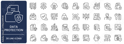 Data protection line icon set. Collection of cyber security, privacy policy, encryption and firewall outline vector symbols with editable stroke.