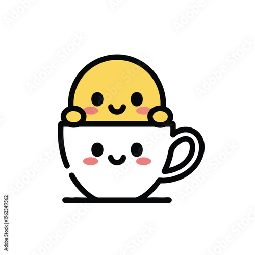 A smiling, anthropomorphic yellow form peeks over the rim of a white cup. The cup also features a smiling face