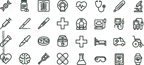 Medical diagnostics outline icon set with healthcare monitoring laboratory equipment symbols for hospital apps dashboards interfaces presentations education materials