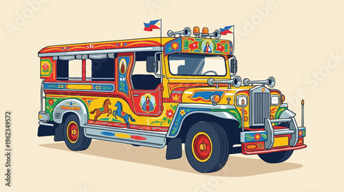 Detailed illustration of a colorful Philippine Jeepney, a traditional and iconic public transportation vehicle, representing Filipino culture and artistry