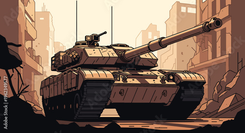 A military tank with a long gun barrel positioned in a ruined urban landscape with destroyed buildings and debris.