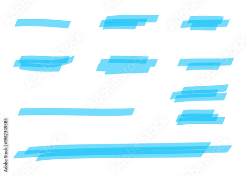 Vector set of hand drawn blue permanent marker strokes, thick hatches and textured highlights isolated on white. Expressive ink lines for emphasis, notes and planner design.