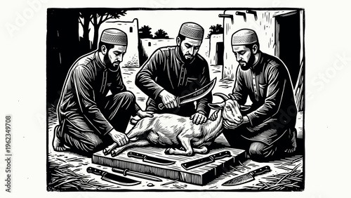Three men in traditional clothing preparing to butcher a goat.