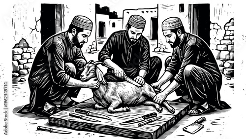 Three men in traditional clothing performing a ritualistic animal sacrifice.