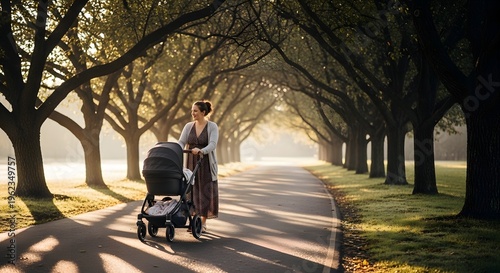 Woman pushing stroller down tree lined path at sunrise with baby