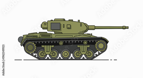 Green military tank with long gun barrel on tracks, set against a clean white background with a bold graphic design style.