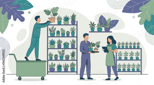 People working in a plant nursery, arranging and managing potted plants