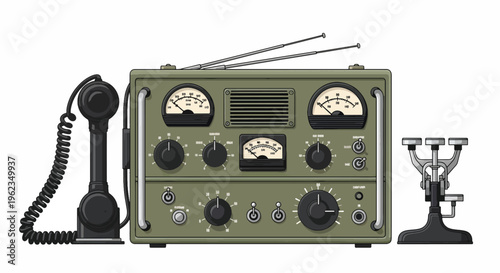 Vintage military-style radio transmitter with dials and gauges next to a microphone on a plain white background.