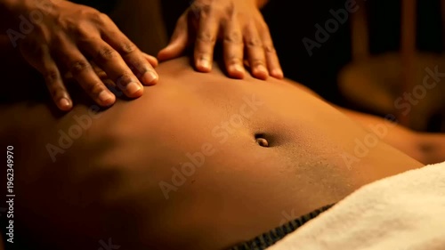 a relaxing back massage occurs in a warm dim spa studio or a professional massage session focusing on the back in a calm spa setting