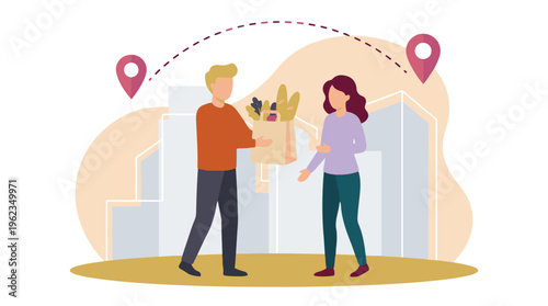 Grocery delivery service concept with courier handing food bag to customer