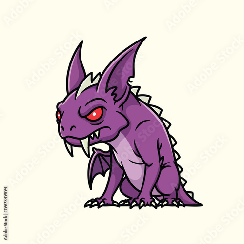 A cartoon creature with bat-like wings, sharp teeth, red eyes and purple skin sits against a plain background. Its expression is grumpy
