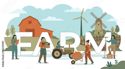 Rural agriculture scene with women farmers harvesting various fresh crops