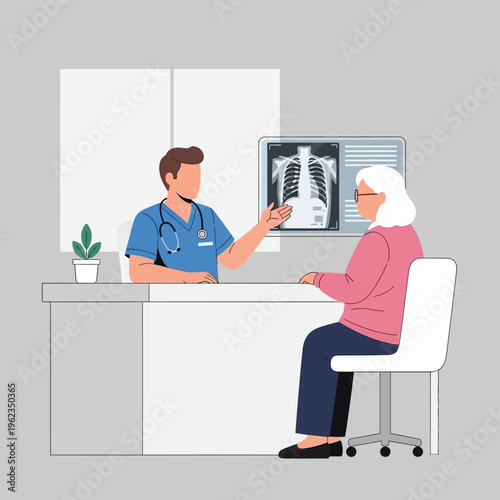 Doctor showing X-ray scan of patient's chest to elderly woman in clinic
