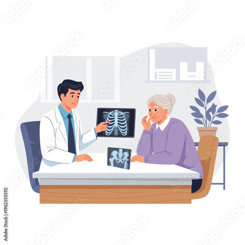 Doctor showing X-ray to elderly patient in clinic, medical consultation