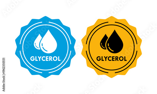 glycerol icon featuring a liquid drop symbol inside a jagged badge, perfect for skincare, chemical, pharmaceutical, and cosmetic product labeling or branding.