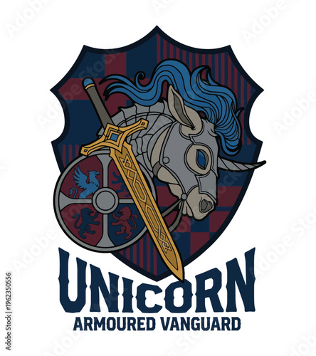 Heraldic crest featuring an armored unicorn head with a sword and shield emblem design Best Selling T-shirt Design