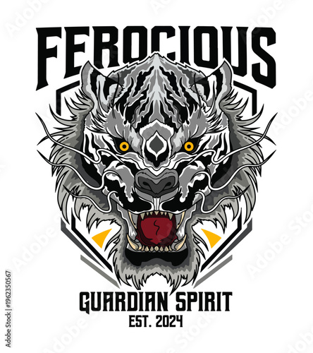 Fierce white tiger head with sharp fangs and glowing yellow eyes in a graphic style illustration Best Selling T-shirt Design