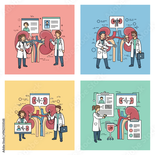 Doctors examining kidney anatomy and medical data, healthcare concept