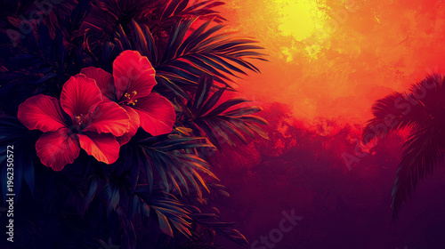 Dramatic Tropical Twilight: Two Vivid Red Hibiscus Blooms and Dark Palm Foliage Silhouetted Against Intense, Textured Sunset Sky of Yellow, Orange, and Crimson