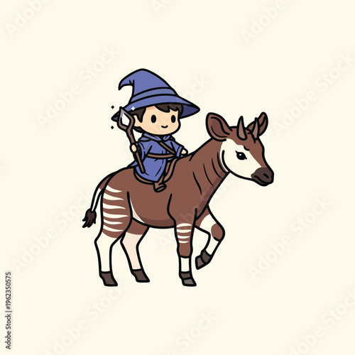 A cartoon depiction of a wizard, clad in blue robes and hat, riding an okapi. The wizard holds a staff, set on a cream backdrop