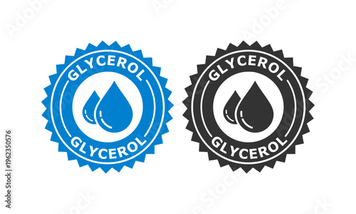 glycerol icon featuring a liquid drop symbol inside a jagged badge, perfect for skincare, chemical, pharmaceutical, and cosmetic product labeling or branding.