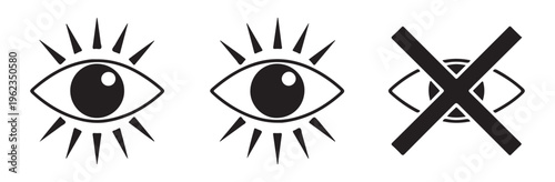 Abstract eye icons representing vision visibility and invisibility for user interface and privacy preferences.