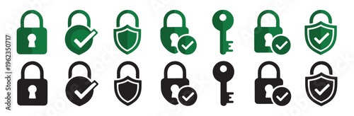 Set of lock security icon. data protection vector icons. privacy concept in green and black colors.