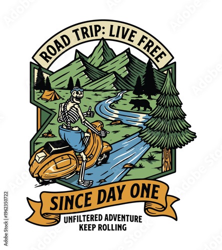 Skeleton riding a scooter on a mountain road trip adventure with a bear nearby Best Selling T-shirt Design