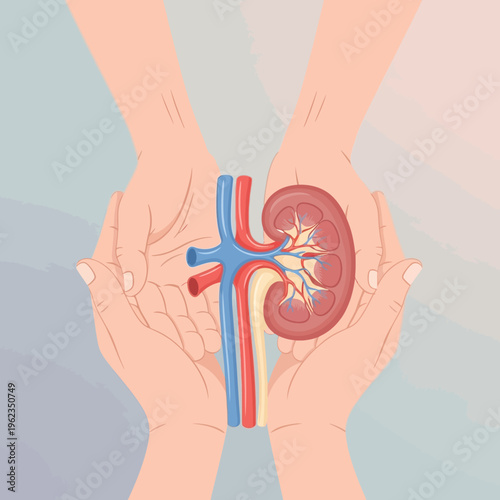 Hands holding a human kidney with blood vessels, symbolizing care and organ donation