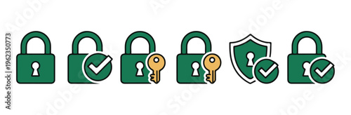 Lock security icon set. data protection and privacy concept in green and yellow. key and shield included.