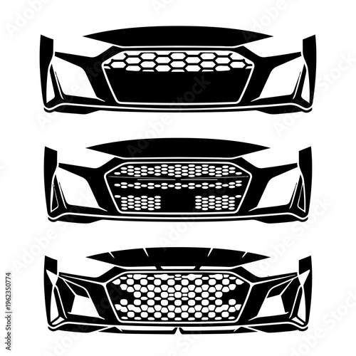 Modern Sports Car Front Bumper and Radiator Grille Silhouette Vector Icons Set 