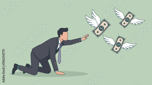 Financial struggle: Businessman desperately chasing money flying away