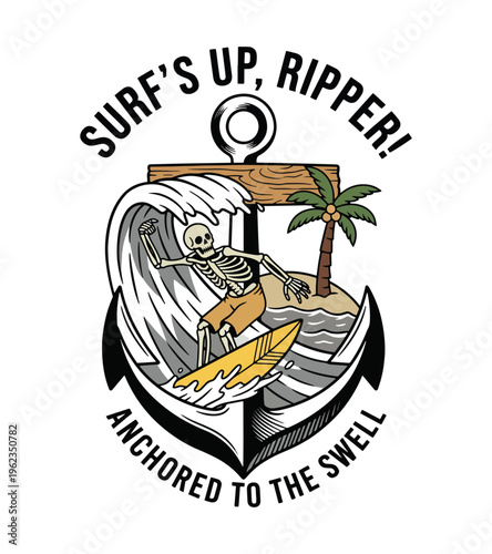 Skeleton surfer riding a wave with a palm tree island inside an anchor design Best Selling T-shirt Design