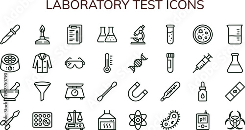 Laboratory test outline icon set with chemistry microbiology experiment diagnostics equipment symbols for science education apps dashboards interfaces presentations websites