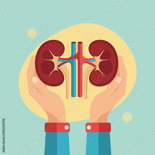 Hands holding healthy kidneys, medical illustration, organ donation concept