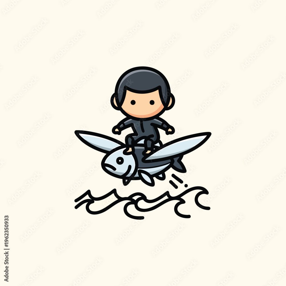 Fototapeta premium A cartoon-style illustration of a small person on a fish, flying over waves. The background is a soft beige color