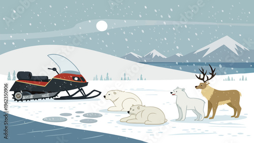Snowmobile parked near animals in a peaceful arctic winter landscape with polar bears and reindeer