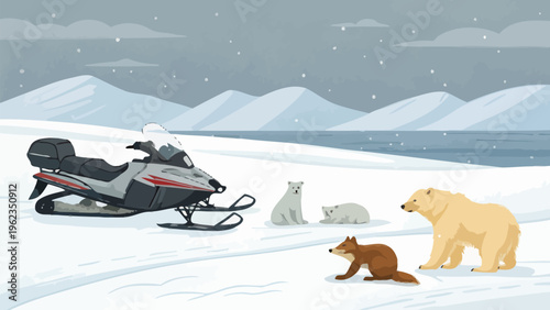 Snowmobile parked near arctic animals in a peaceful snowy landscape with mountains and water