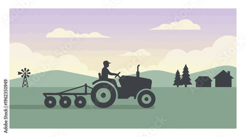Farmer Driving Tractor with Plow in Rural Agricultural Landscape