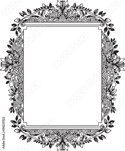 Ornate rectangular frame with intricate celtic patterns and floral scrollwork border for elegant wedding invitations or greeting.