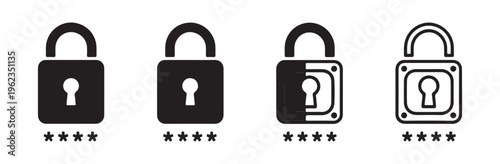 Set of four padlock icons with asterisks representing password entry, symbolizing security and access control.